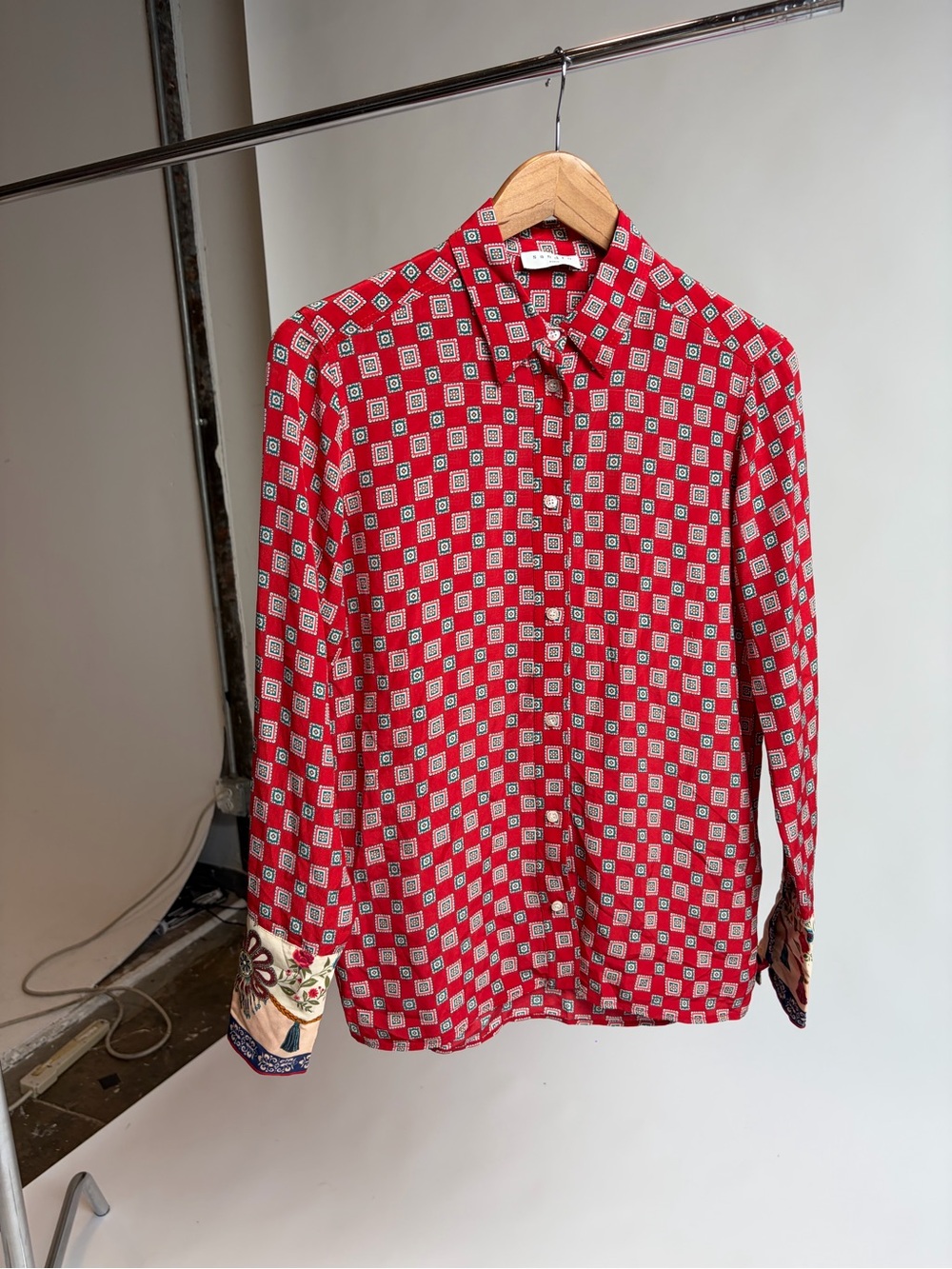 Sandro Red Print Long-Sleeve Silk Button Down